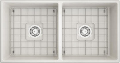 BOCCHI Contempo Farmhouse Apron Front Fireclay 36 in. Double Bowl Kitchen Sink with Protective Bottom Grid and Strainer in Biscuit