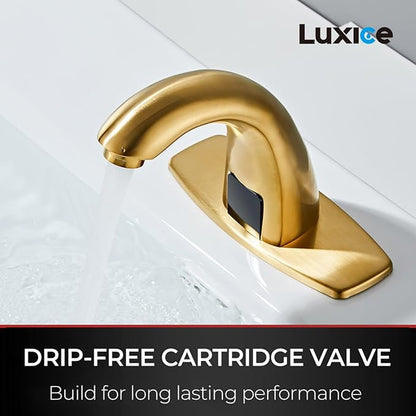 Brushed Gold Touchless Bathroom Sink Faucet - Automatic Motion Sensor Battery Opertated with Temperature Mixing Valve for Commercial Lavatory