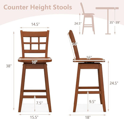 Giantex 24.5" Bar Stools Set of 2, Farmhouse Swivel Barstools with 6-Grid Hollow Back & Ergonomic Contoured Seat, Footrest, Wooden Counter Height Bar Stools for Kitchen Island, Bar, Cafe, Walnut
