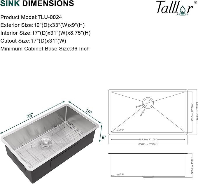 Undermount Kitchen Sink - 33 Inch Undermount 16 Gauge Stainless Steel Kitchen Sink Under Counter Single Bowl Sinks Round Corner, 33"x19"x9" #TLU-0024