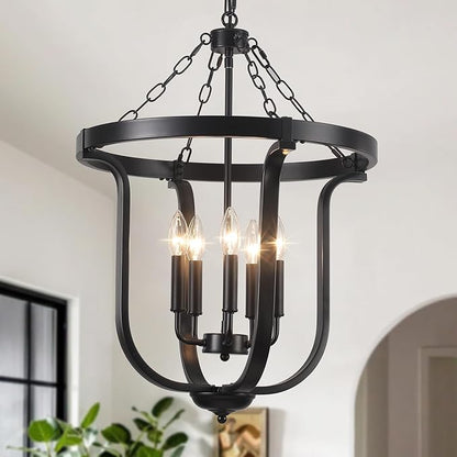 Black Farmhouse Chandelier 5-Light, 19” Industrial Lantern Chandelier Entryway Light Fixture, Metal Cage Rustic Hanging Pendant Lighting Fixture for Foyer Kitchen Dining Room Living room Hallway