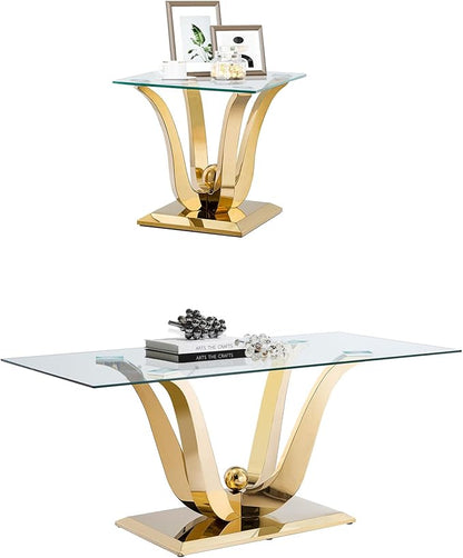 Henf Luxury Glass Coffee Table Set of 2 Piece Gold Living Room Table Set of 2 Including Coffee and End Table Set, Gorgeous Stainless Steel Frame, Clear Glass Top for Living Room Home Office Apartment