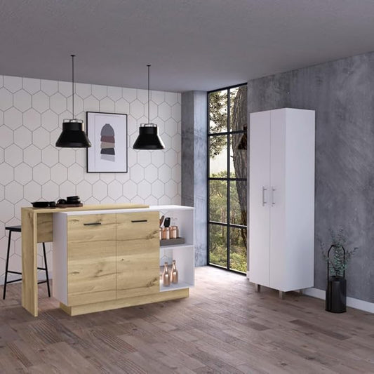 GOWE Crescent 7-Shelf 4-Door 2-Piece Kitchen Set, Kitchen Island and Pantry White and Light Oak