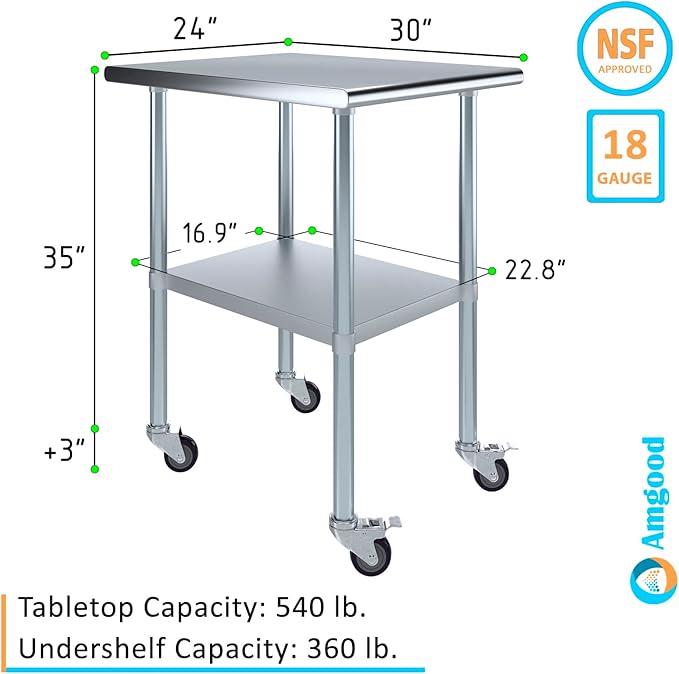 Stainless Steel Work Table with Wheels | NSF Kitchen Island Food Prep | Laundry Garage Utility Bench (Table + Wheels, 24" Long x 30" Deep)