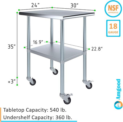 Stainless Steel Work Table with Wheels | NSF Kitchen Island Food Prep | Laundry Garage Utility Bench (Table + Wheels, 24" Long x 30" Deep)