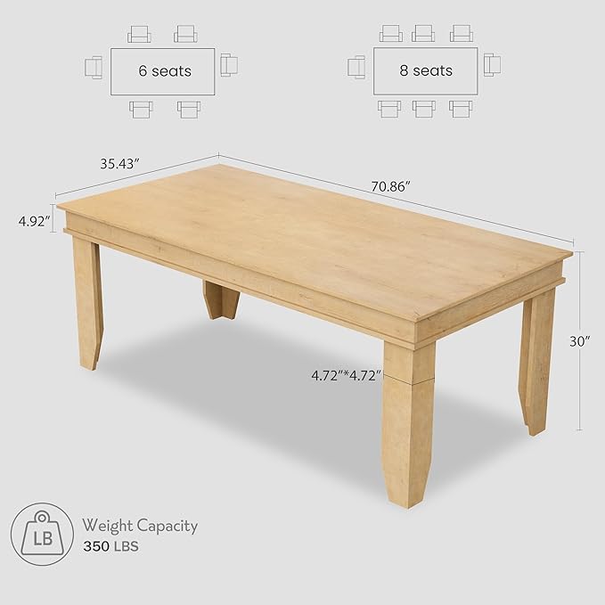GarveeHome Farmhouse Dining Table for 6-8 People, 71 in Long Kitchen Tables with Wooden Sturdy Frame, 6 ft Large Rectangular Dinner Table for Dining Room, Kitchen (Natural, 71" Non-extendable)