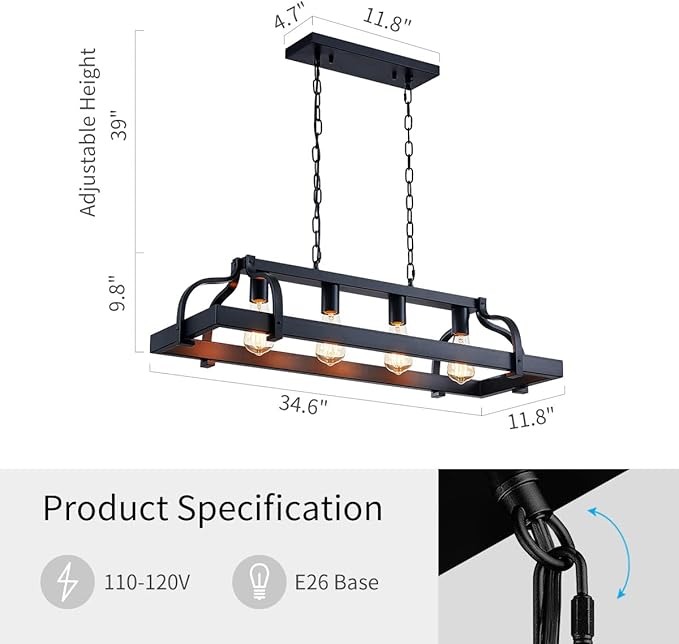 WUZUPS 4-Light Metal Pot Hanging Rack Chandelier Linear Pendant Ceiling Lighting Rustic Farmhouse Fixture Kitchen Island Dining Room, H 9.8" x L 34.6" x W11.8, E26 Base, Black