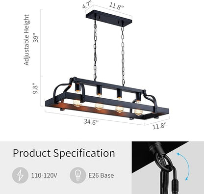 WUZUPS 4-Light Metal Pot Hanging Rack Chandelier Linear Pendant Ceiling Lighting Rustic Farmhouse Fixture Kitchen Island Dining Room, H 9.8" x L 34.6" x W11.8, E26 Base, Black