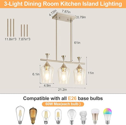 21.2" Dining Room Light Fixture/Chandelier Over Table, 3-Light Brushed Nickel Kitchen Island Lighting with Clear Glass Shade, Modern Hanging Pendant Lights Fixture for Kitchen Island, Dining Room, Bar