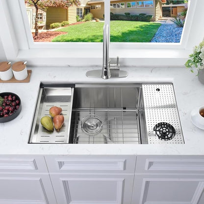 33 Inch Undermount Kitchen Sink with Glass Rinser -Bokaiya 33x19 Stainless Steel Kitchen Sinks Undermount Workstation Sink 16 Gauge Multifunctional Single Bowl Deep Kitchen Sink with Cutting Board