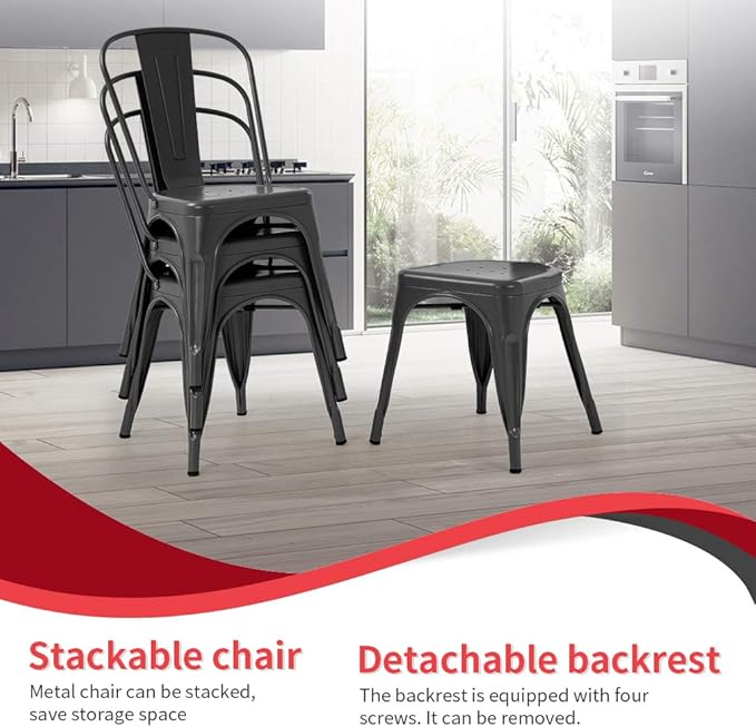 FDW Metal Dining Chairs Metal Chairs Patio Chair Seat Height Dining Room Kitchen Chair Tolix Restaurant Chairs Bar Stackable Chair Trattoria Metal Indoor Outdoor Chairs (Black)