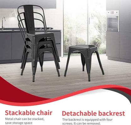 FDW Metal Dining Chairs Metal Chairs Patio Chair Seat Height Dining Room Kitchen Chair Tolix Restaurant Chairs Bar Stackable Chair Trattoria Metal Indoor Outdoor Chairs (Black)