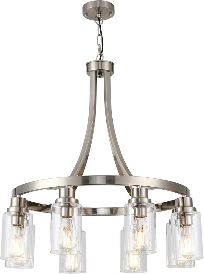 Dining Room Lighting Fixtures Hanging, Brushed Nickel for Kitchen Dining Room Living Room Kitchen Island Linear Pendant 8 Light Chandeliers with Clear Glass Shades