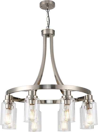 Dining Room Lighting Fixtures Hanging, Brushed Nickel for Kitchen Dining Room Living Room Kitchen Island Linear Pendant 8 Light Chandeliers with Clear Glass Shades