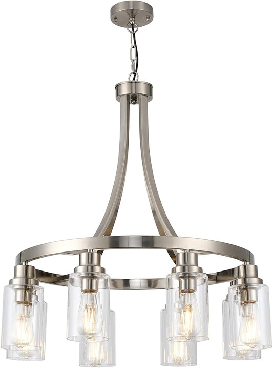 Dining Room Lighting Fixtures Hanging, Brushed Nickel for Kitchen Dining Room Living Room Kitchen Island Linear Pendant 8 Light Chandeliers with Clear Glass Shades