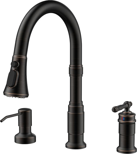 FORIOUS 3 Hole Kitchen Faucet with Soap Dispenser, Oil Rubbed Bronze Vintage Pull Down Sprayer Kitchen Sink Faucet with Seperate Handle Stainless Steel, Suitable for Farmhouse Outdoor Rv Bar