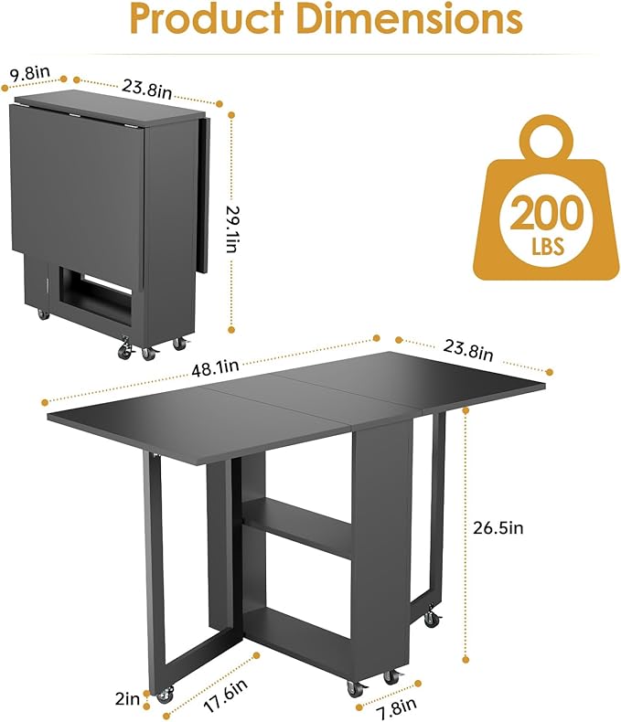 LotFun Folding Dining Table with 6 Wheels, 2-Layer Storage Shelf & Drawer, Space Saving Farmhouse Kitchen Table for Small Spaces