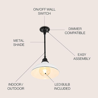 JONATHAN Y 12.25" White/Black 1-Light Farmhouse Indoor/Outdoor LED Pendant Iron Hanging Light, and Black Metal Shade, Rustic Ceiling Lamp for Kitchen Island, LED Bulb Included JYL7611A