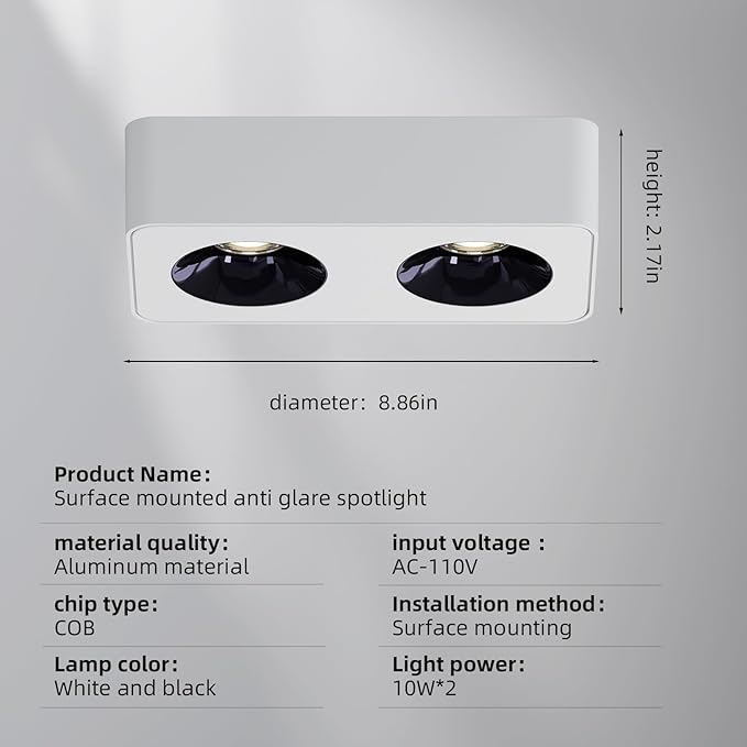 JAYMP Rectangular Modern LED Ceiling Spotlight 3000K Dimmable White Surface Mount Focus Down Light for Living Room Hallway Laundry Room (White, Double Lamp)