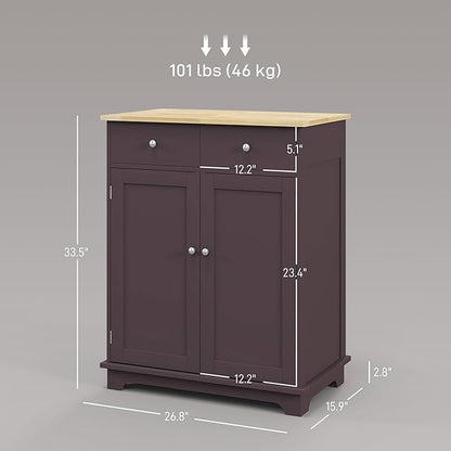 HOMCOM Sideboard Buffet Cabinet with Solid Wood Countertop, Modern Kitchen Storage Cabinet, Coffee Bar Cabinet with 2 Drawers, Doors and Adjustable Shelf, Coffee