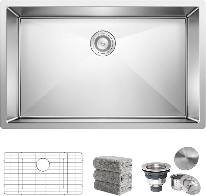Kitchen Sink 30x18 Inch Undermount Sink Stainless Steel 16 Gauge Single Bowl Kitchen Sinks Set (5 Item Bundle: Sink, Bottom Grid, Drain Assembly, Drain Cap, Towel)