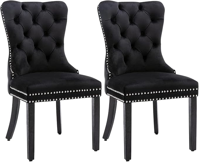 Eifizek Velvet Dining Chairs Set of 2, Tufted Dining Room Chairs with Nailhead Ring Pull Trim, Upholstered Dining Chairs with Solid Wood Legs for Kitchen Dining Room (Black)