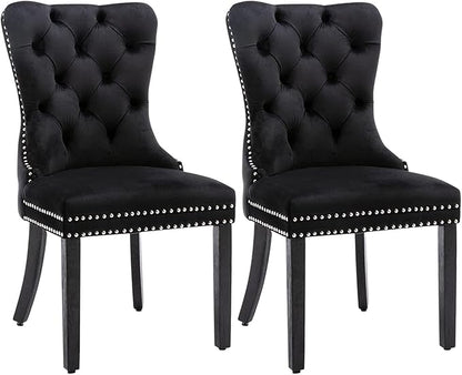 Eifizek Velvet Dining Chairs Set of 2, Tufted Dining Room Chairs with Nailhead Ring Pull Trim, Upholstered Dining Chairs with Solid Wood Legs for Kitchen Dining Room (Black)