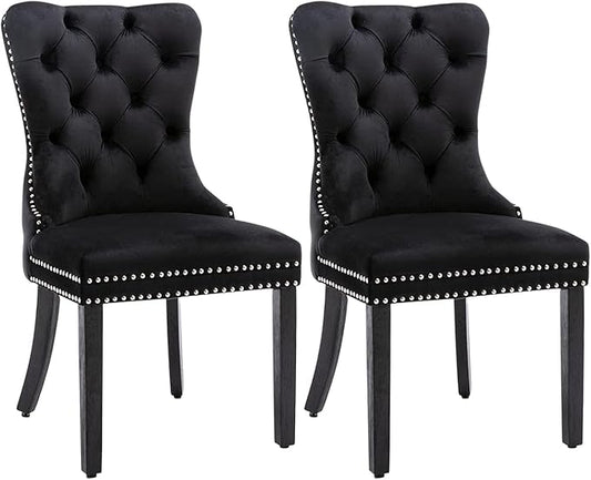 Eifizek Velvet Dining Chairs Set of 2, Tufted Dining Room Chairs with Nailhead Ring Pull Trim, Upholstered Dining Chairs with Solid Wood Legs for Kitchen Dining Room (Black)