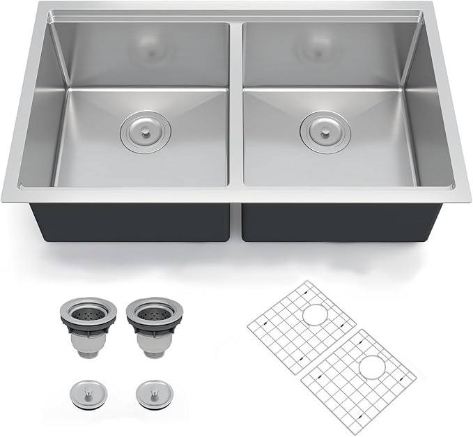 GarveeTech Kitchen Sinks,33×19×10 inch Double Bowl Undermount Workstation Kitchen Sink – 16 Gauge Stainless Steel, Brushed Finish, Deep Basin with Ledge, Bottom Grids & Drain Assembly Included