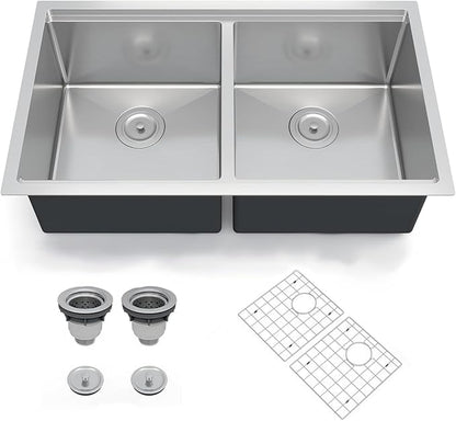 GarveeTech Kitchen Sinks,33×19×10 inch Double Bowl Undermount Workstation Kitchen Sink – 16 Gauge Stainless Steel, Brushed Finish, Deep Basin with Ledge, Bottom Grids & Drain Assembly Included