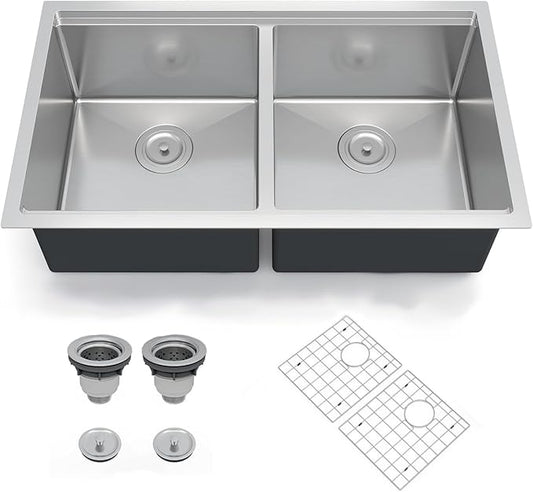 GarveeTech Undermount Kitchen Sink 36 x 19 x 10 Inch, Double Bowl Stainless Steel Sink with Integrated Ledge, Brushed Finish, Includes Bottom Grids & Drain Assemblies