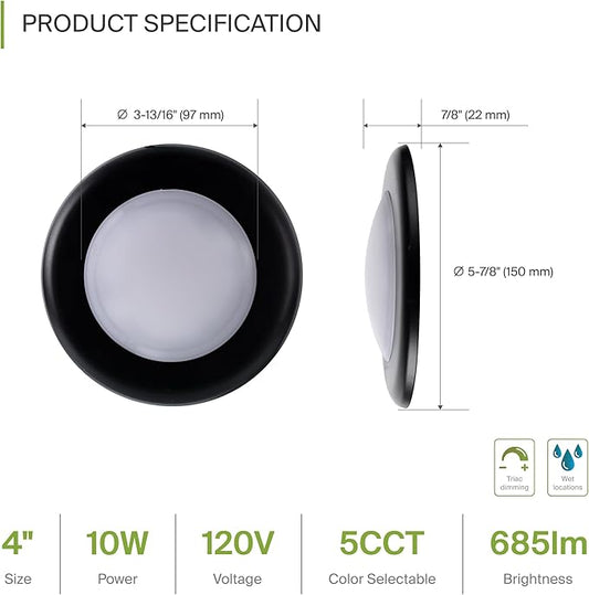 ASD 1 Pack LED Disk Lights 4 Inch, 10W 5CCT 2700K-5000K 685LM CRI90+, Dimmable Flush Mount Ceiling Light Fixture, Low Profile Surface Mount Disc Lights, Junction Box or Recessed Can Install, UL