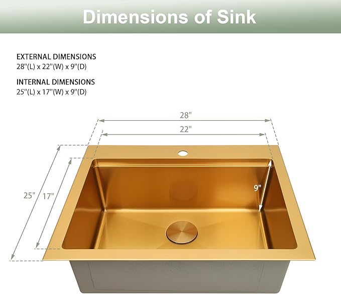 Gold Drop In Kitchen Sink, 28 Inch 16 Gauge Stainless Steel Gold Sink, Topmount Workstation Sink, Single Bowl Kitchen Sink With Full Accessories, 28"x22"x9" Drop In Sink