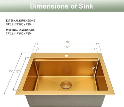 Gold Drop In Kitchen Sink, 28 Inch 16 Gauge Stainless Steel Gold Sink, Topmount Workstation Sink, Single Bowl Kitchen Sink With Full Accessories, 28"x22"x9" Drop In Sink