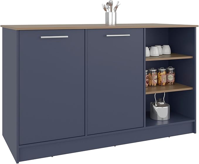 GOWE Ginger Kitchen Island, Three Open Shelves, Two Cabinets Doors with Interior Storage Option, Floorstanding Island, Kitchen Organizer and Decor