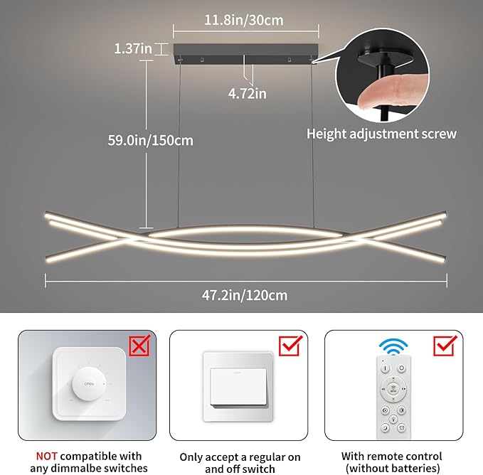Modern Ceiling Chandelier Light, 47IN Pendant Light Fixtures with Remote Control 3000k-6500K Adjustable Color Temperature, Aluminum Island Lighting Lamp for Dining Room, Living Room, Island