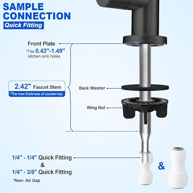 Drinking Water Faucet - Long Thread Stem Filtered Water Tap for Thick Countertop,Lead-Free RO Faucet with Hose and Push Connect Fittings(Matte Black-Flat Top)
