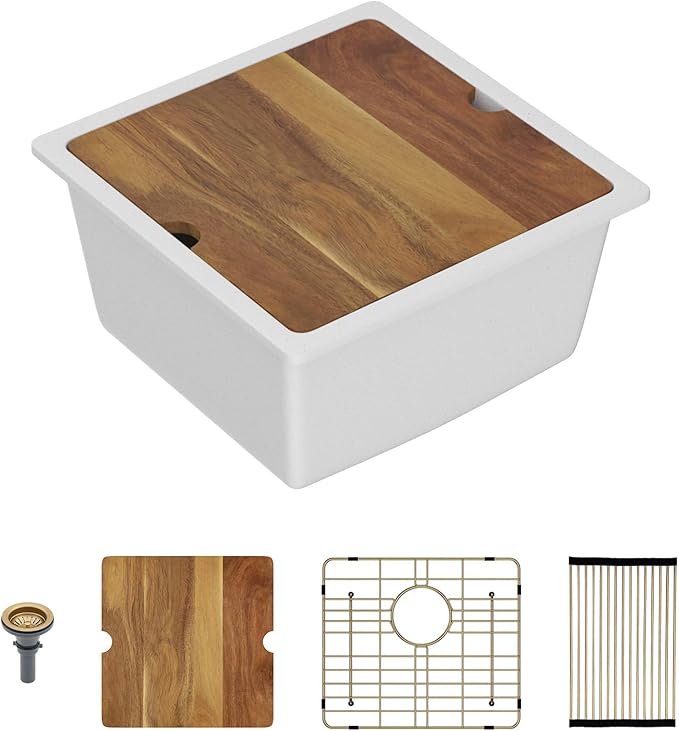 Lordear 18 Inch White Kitchen Sink Granite Composite Undermount Bar Workstation 18x18 White Quartz Sinks Under Counter Single Bowl with Classic Gold Accessories