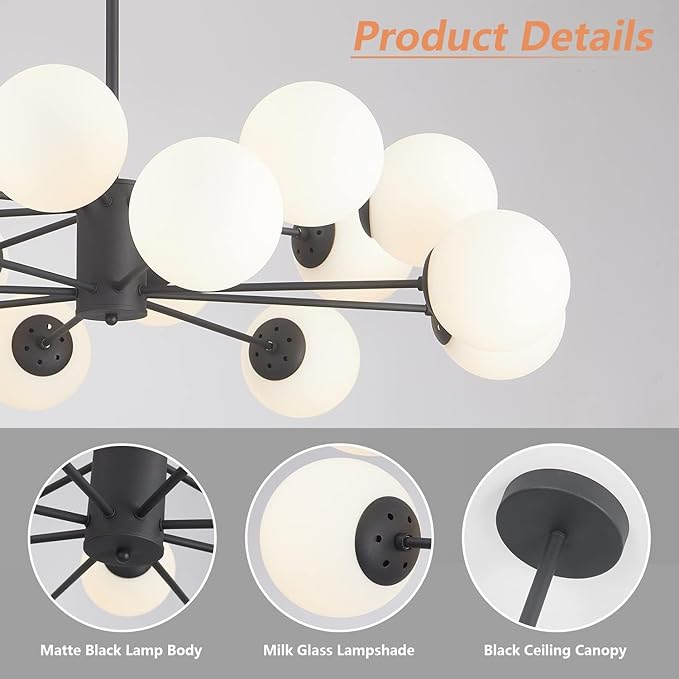 KCO Lighting Modern 16-Light Milk Glass Ball Chandelier Matte Black Globe Sputnik Chandelier Ceiling Mount Mid Century Modern Chandelier Kitchen Island Dining Room Light Fixture (Black+White)