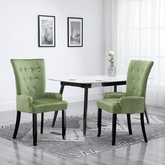 Light Green Velvet Dining Chair with Armrests - Modern Accent Chair for Kitchen, Dining Room, Farmhouse Decor - Oak Wood Frame with Crystal Details