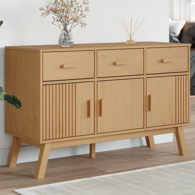 Brown Solid Pinewood Sideboard, Wax Finish, 44.9" x 16. 28. Buffet Cabinet with Drawers, Scandinavian Furniture for Living Room, Kitchen Island Storage Dining Storage