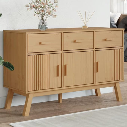 Brown Solid Pinewood Sideboard, Wax Finish, 44.9" x 16.9" x 28.9" Buffet Cabinet with Drawers, Scandinavian Furniture for Living Room, Kitchen Island Storage Kitchen Furnitur