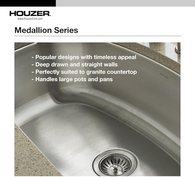 Houzer Medallion Designer Stainless Steel Kitchen Sink: 27 Inch Undermount Single D Bowl Sink with Strainer, Durable & Versatile, Essential for Home & Apartment: MS-2700-1