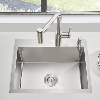 20 inch Drop-in Kitchen Sink Stainless Steel, T304 Topmount Kitchen Sink Single Bowl, 9-inch Deep Handmade Overmount Bar Sink with Strainer