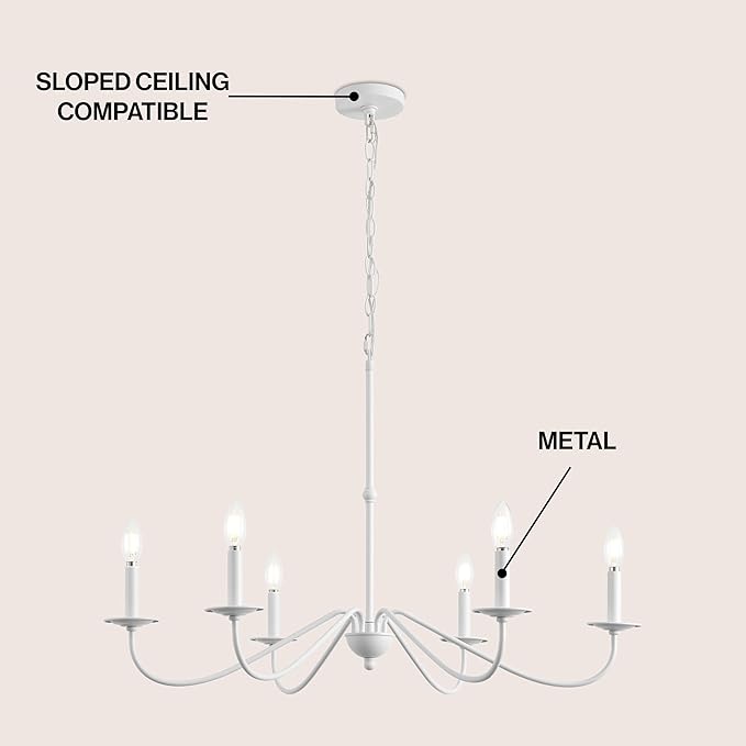 JONATHAN Y 34.75" White 6-Light Bohemian Farmhouse Iron Chandelier, Rustic Candle-Style LED Hanging Light for Dining Room Kitchen Island Entryway Foyer (JYL7559D)