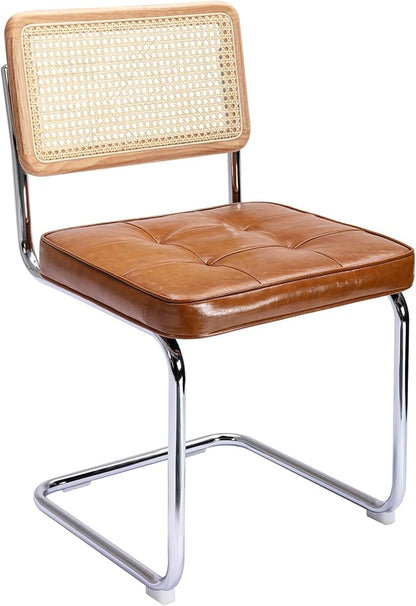 Zesthouse Natural Rattan Dining Chairs Set of 2, Modern Dining Room Chairs with Solid Wood Back for Kitchen Living Room, Mid Century Breuer Design Inspired, Upholstered Faux Leather Brown