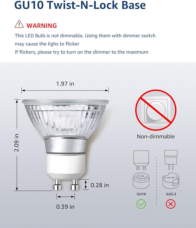 Lepro Non-Dimmable GU10 LED Light Bulbs, 5000K Daylight White GU10 Bulb Replacement for Recessed Track Lighting, 4W LED Bulbs with 100°Flood Beam for Kitchen, Range Hood, Living Room, Bedroom, 6 Pack