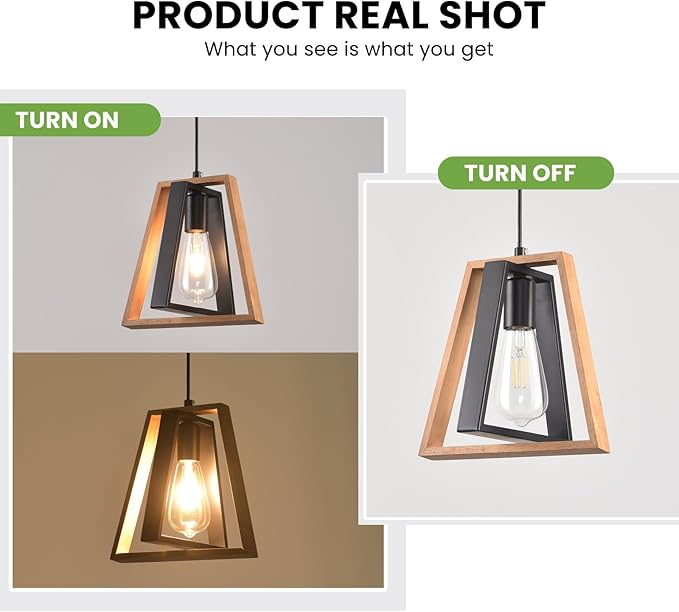 Kitchen Island Pendant Lights, Black Industrial Metal and Vintage Wood Hanging Light, Mini Farmhouse Chandelier, Adjustable Height Rustic Ceiling Lamp for Entryway, Dining Room, Foyer