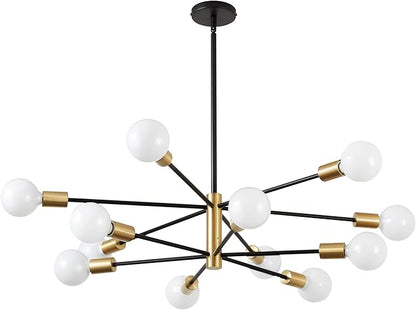 KAISITE Modern Chandelier 12-Light Sputnik Chandeliers Black and Gold Chandelier Light Fixtures for Dining Room Over Table Mid Century Height Adjustable High Ceiling Kitchen Farmhouse Chandelier