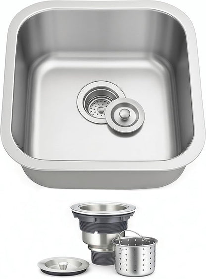 ORLANDO 18x18 Inch Undermount Kitchen Sink - 18 Gauge Stainless Steel Single Bowl Prep Sink for Compact Kitchen Sink & Kitchen Island with Basket Strainer